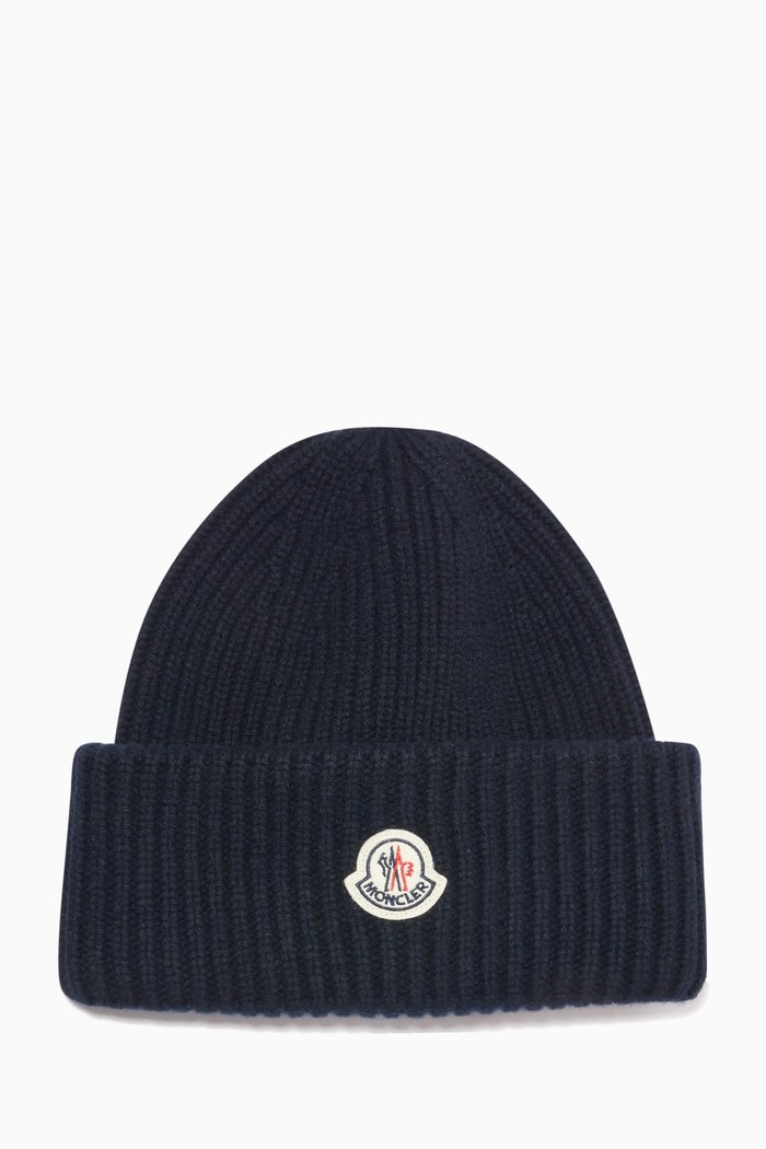 

Logo Patch Beanie in Wool & Cashmere Knit, Blue
