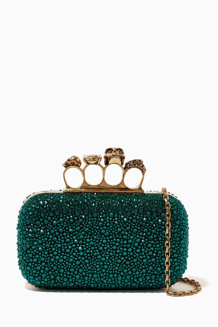 

Skull Knuckle Crystal-embellished Clutch Bag in Leather, Green