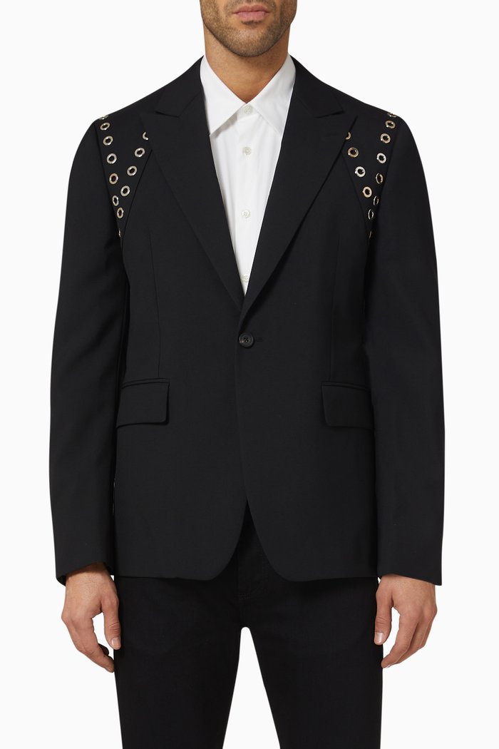 

Eyelets Single-breasted Jacket in Wool Gabardine, Black