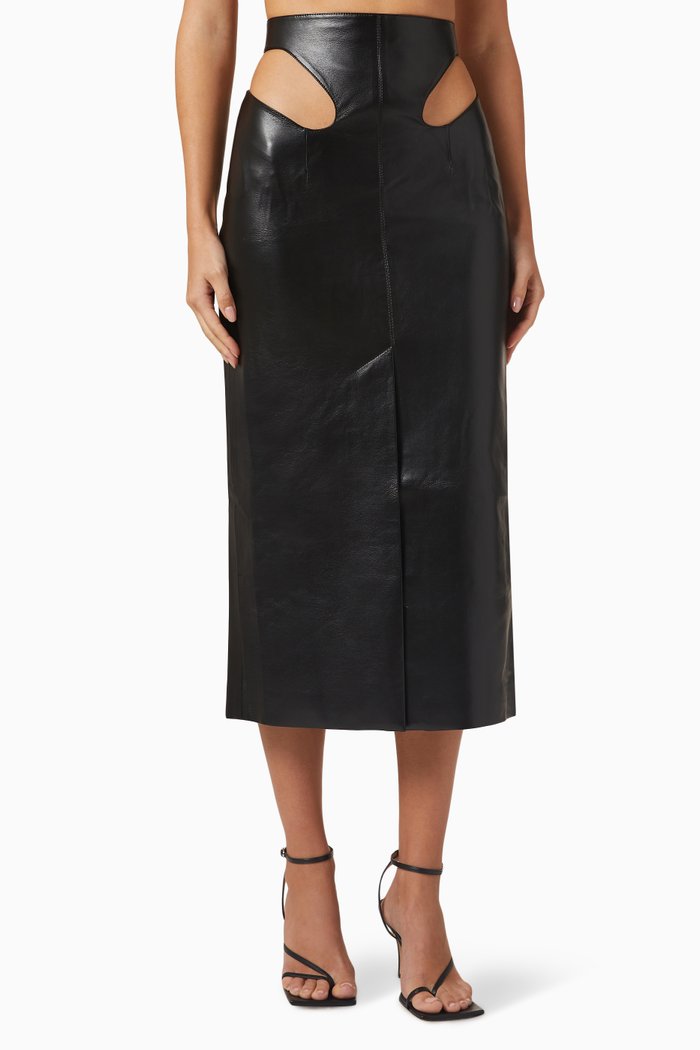 

Cut-out Midi Skirt in Eco Leather, Black