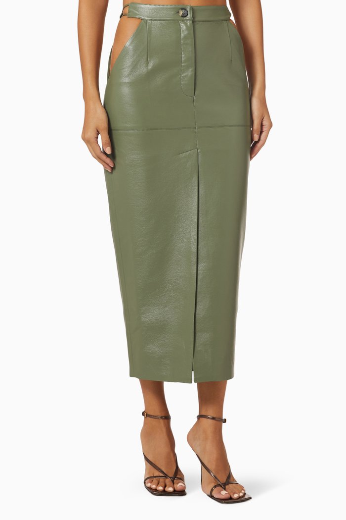

Cut-out Midi Skirt in Eco Leather, Green