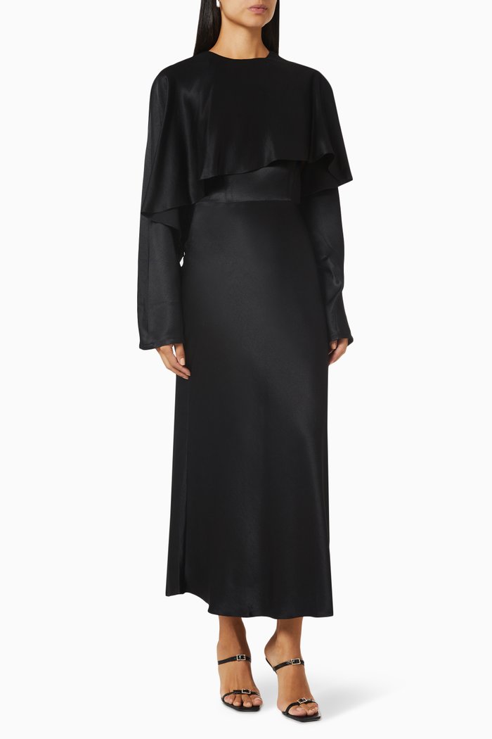 Draped Cape Dress in Satin, Black
