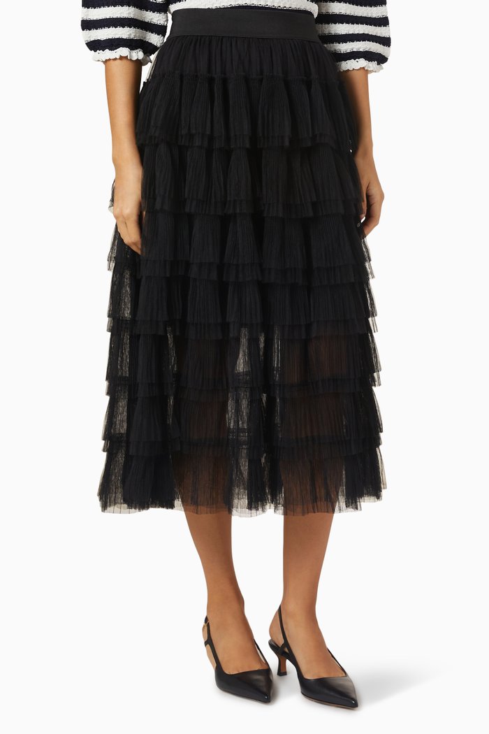 

Ruffle Tiers Midi Skirt in Tulle, Black