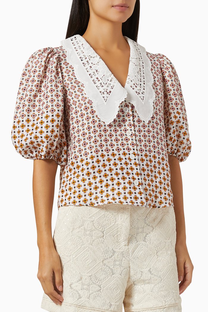 Embroidered Collar Shirt in Linen, Brown