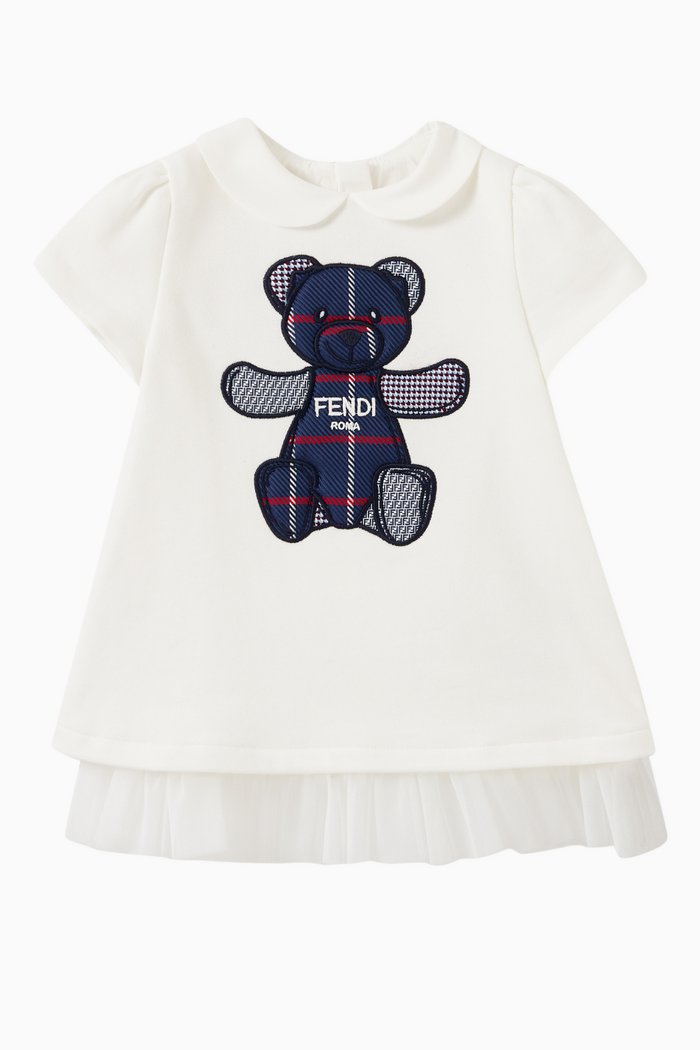 

Teddy Bear Embroidered Dress in Tulle & Cotton, White