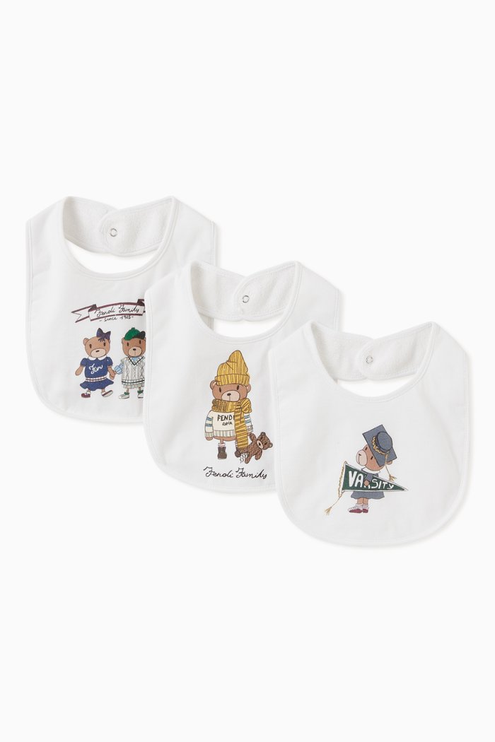 

Teddy Bear Print Bibs in Cotton Jersey, Set of 3, White