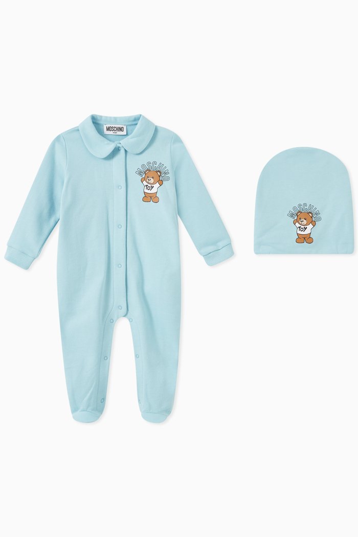 

Teddy Toy & Logo Sleepsuit & Hat Set in Cotton Jersey, Blue