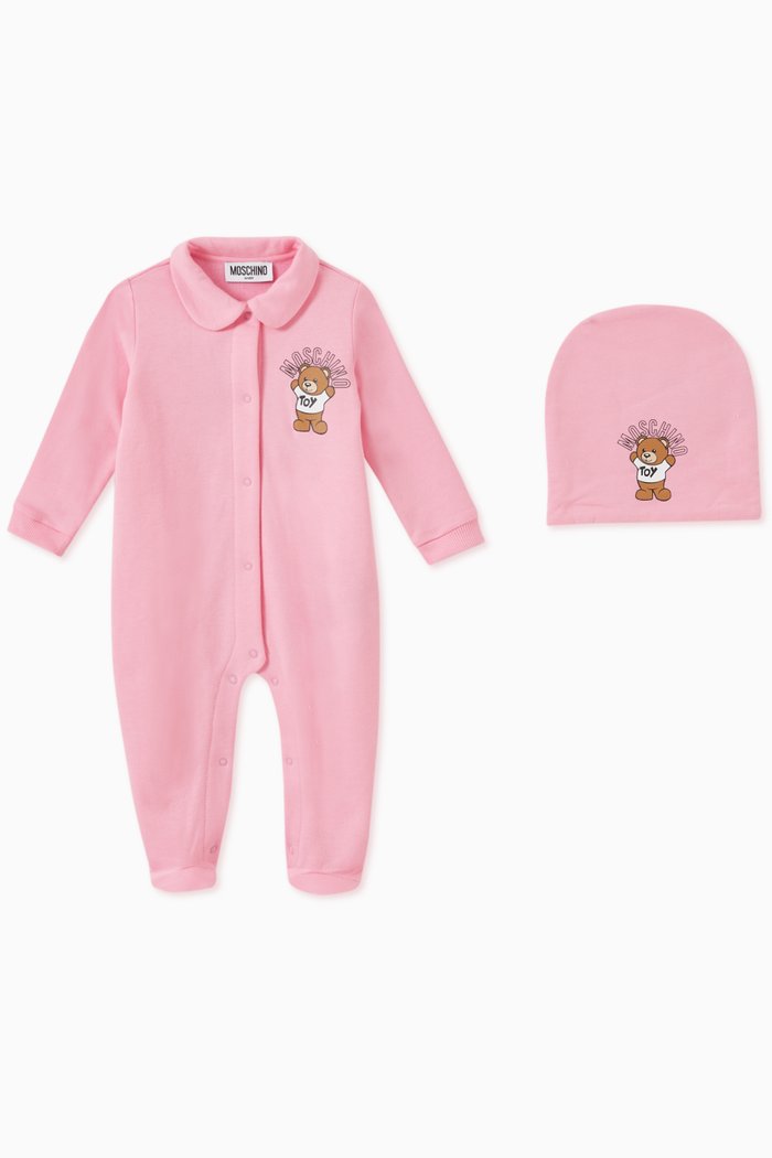

Teddy Toy & Logo Sleepsuit & Hat Set in Cotton Jersey, Pink
