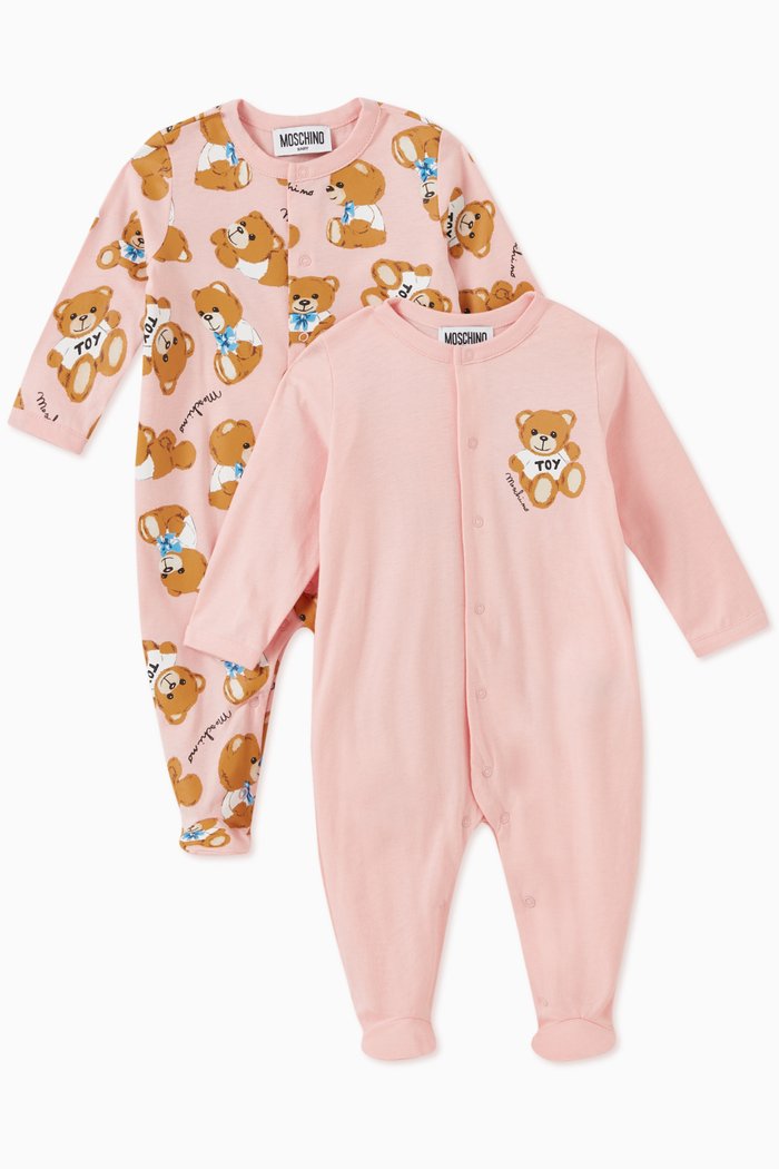 

Teddy Toy & Logo Print Sleepsuits in Cotton Jersey, Set of 2, Pink