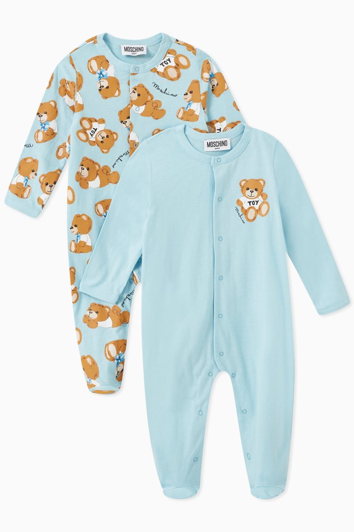 

Teddy Toy & Logo Print Sleepsuits in Cotton Jersey, Set of 2, Blue