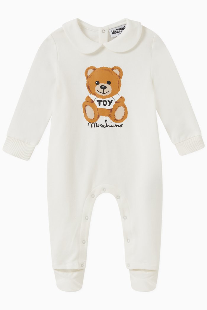 

Teddy Toy & Logo Print Sleepsuit in Cotton Jersey, White