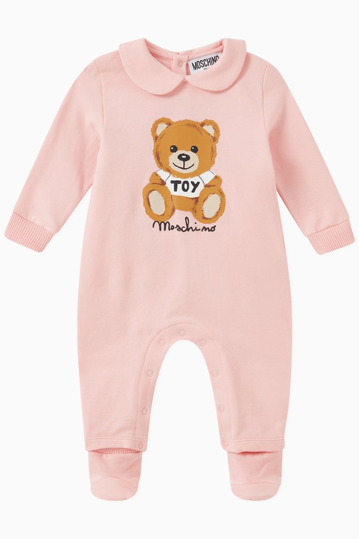 Teddy Toy & Logo Print Sleepsuit in Cotton Jersey, Pink
