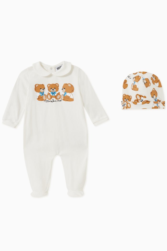 

Triple Teddy & Logo Sleepsuit & Hat Set in Jersey, White