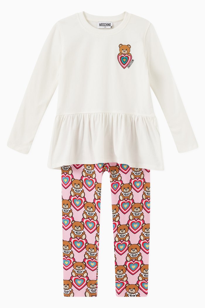

Glitter Heart Teddy Top & Pants Set in Cotton Jersey, White