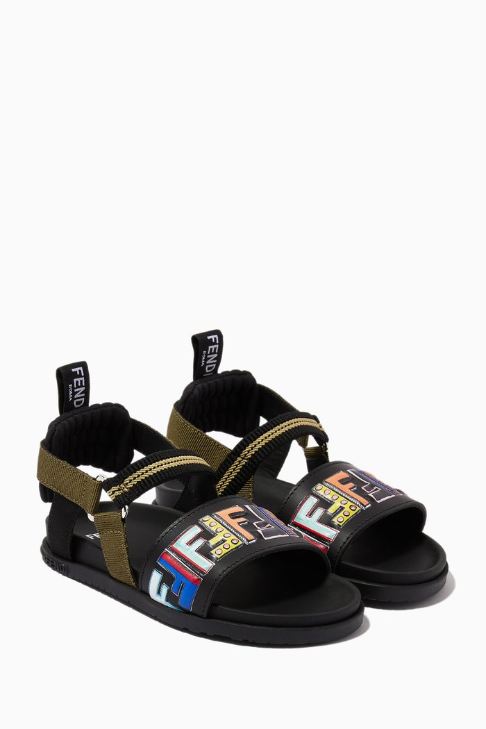 

FF Logo Sandals in Leather & Canvas, Black