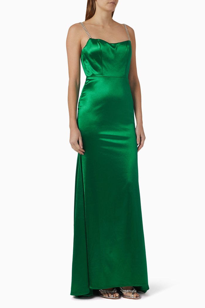 

Crystal Embellished Gown in Satin, Green