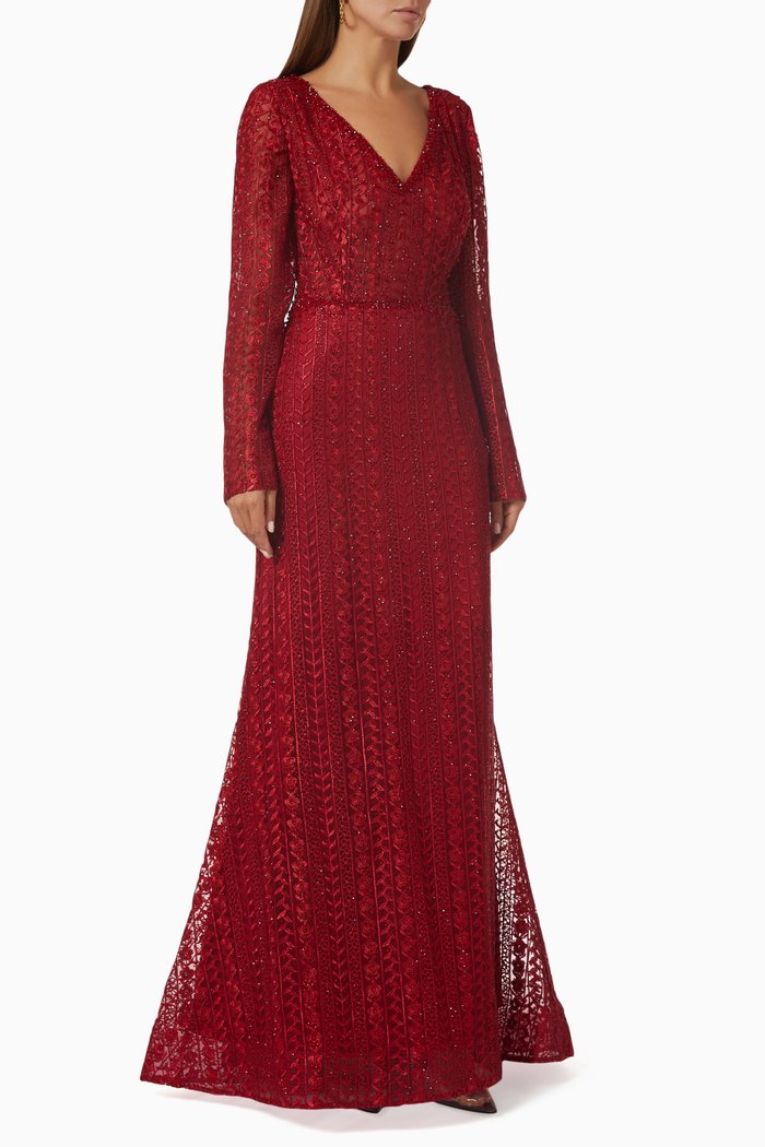 

Embroidered Trumpet Gown in Lace, Red