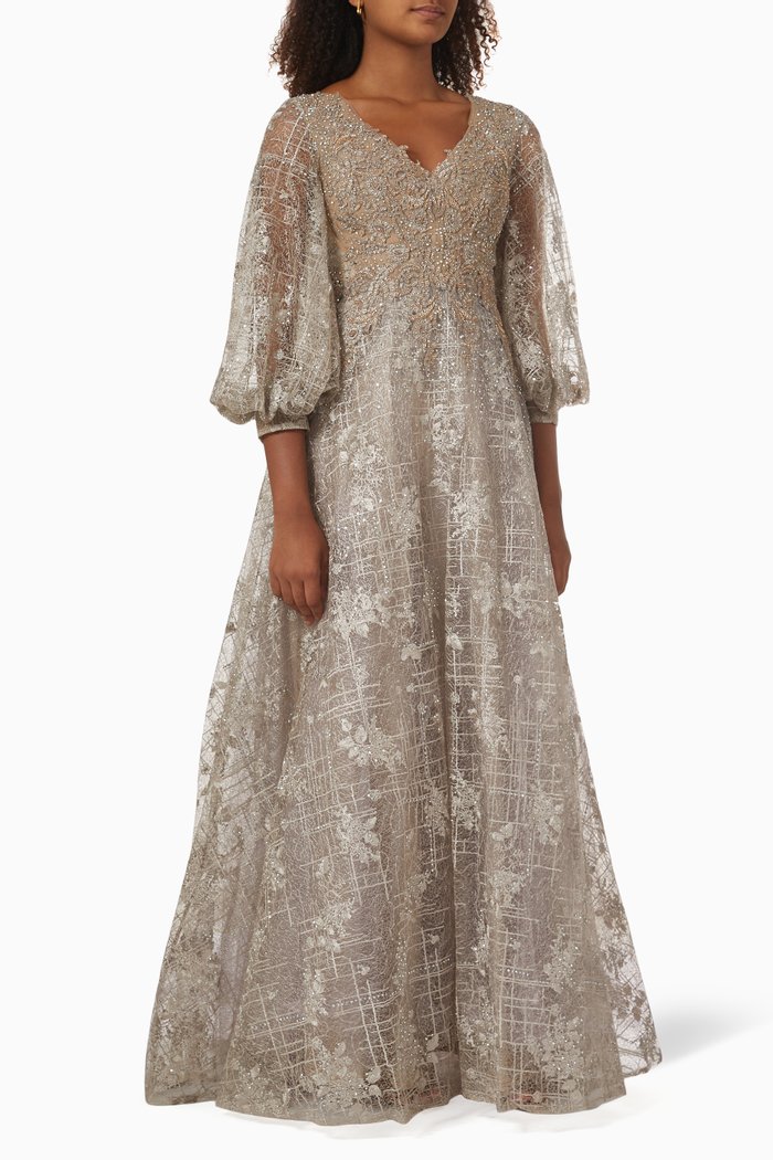 

Sheer Gown in Sequin Embellished Fabric, Gold