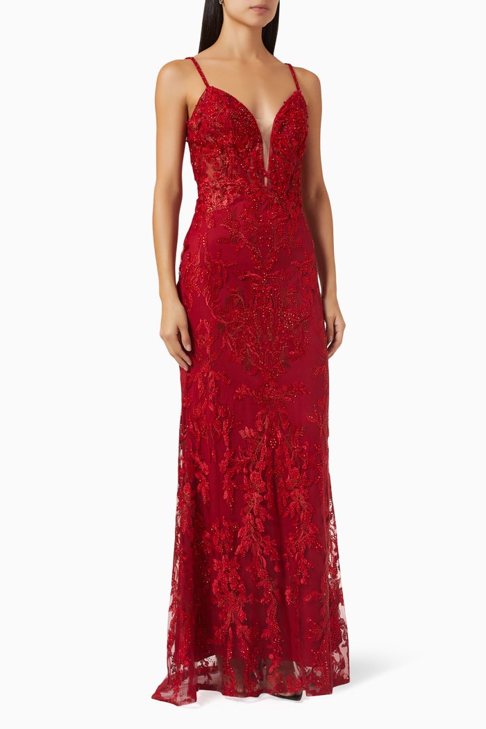 

Embellished Plunge Neck Gown in Tulle, Red