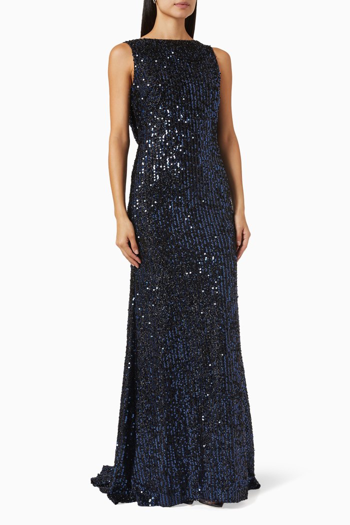 

Draped Cowl Back Sequinned Gown, Blue