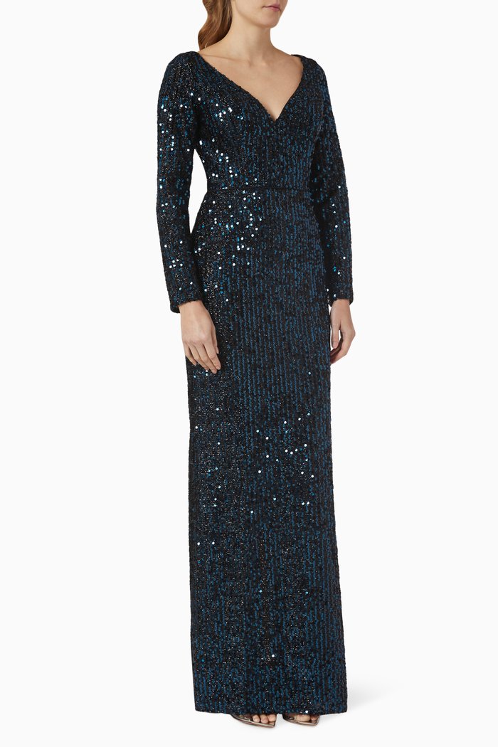 

Long Sleeve Gown in Sequin, Blue