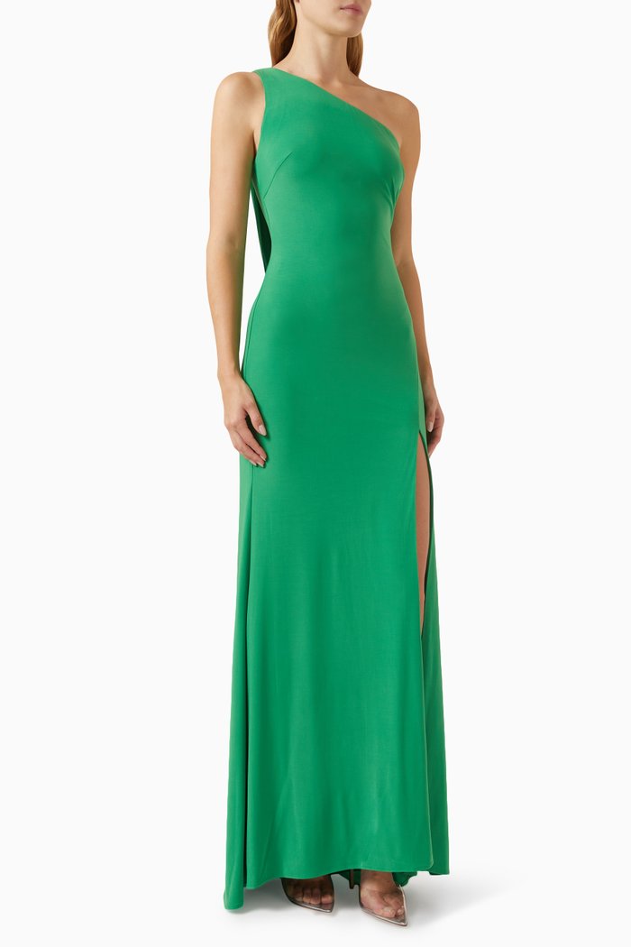 One-shoulder Draped Back Gown in Jersey, Green