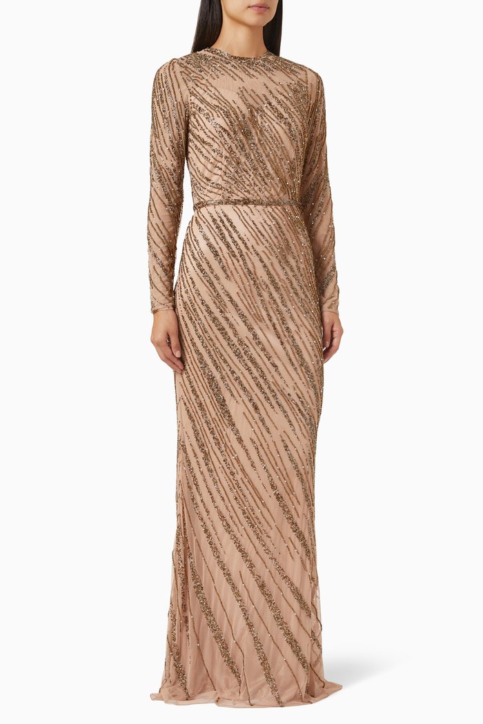 

Embellished High Neck Trumpet Gown, Gold
