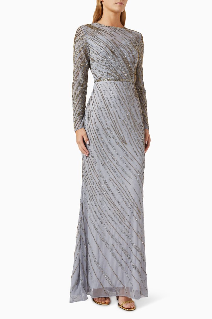 

Embellished High Neck Trumpet Gown, Silver