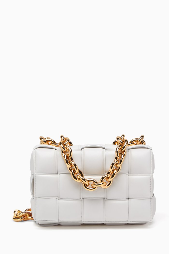 

Chain Cassette Padded Crossbody Bag in Intreccio Leather, White