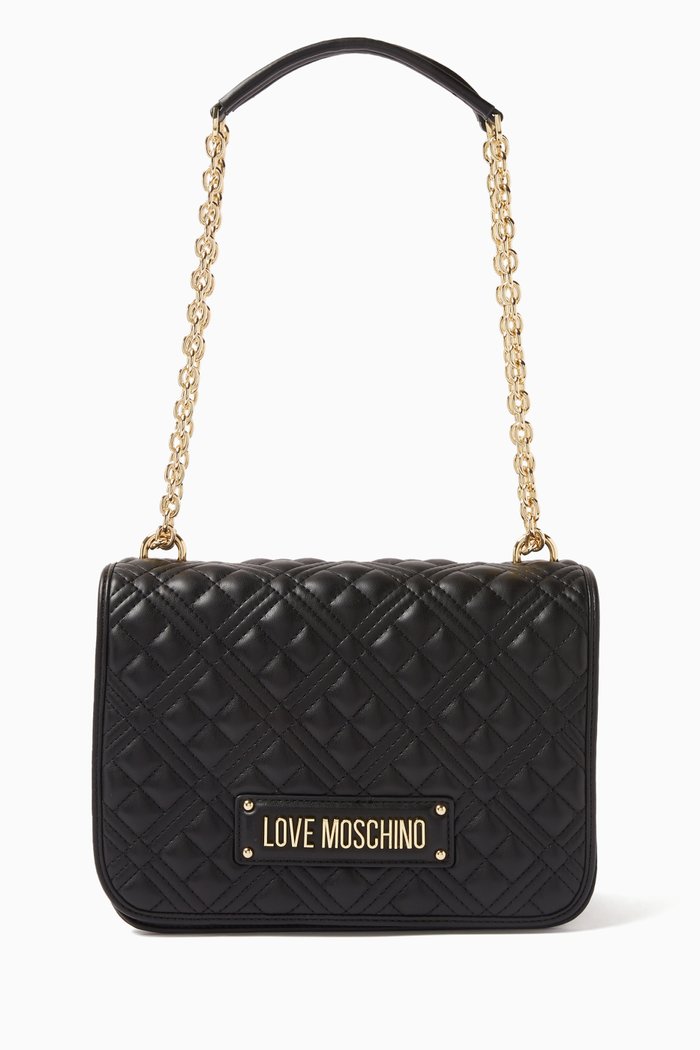 

Chain Shoulder Bag in Quilted Faux Leather, Black
