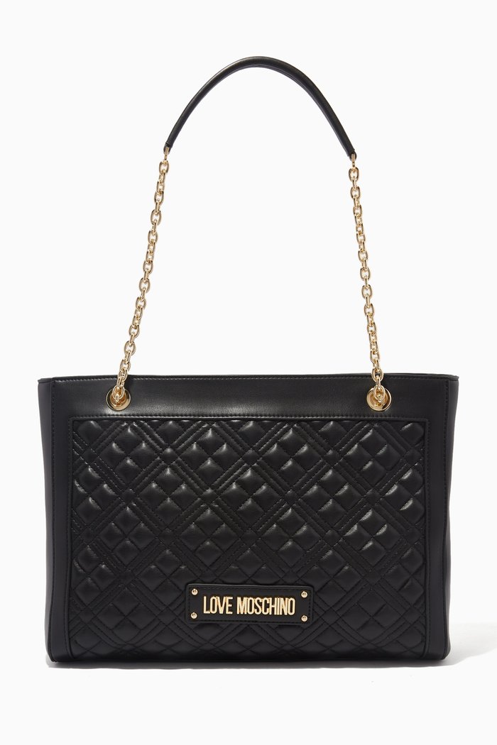 Logo Shoulder Bag in Quilted Faux Leather, Black