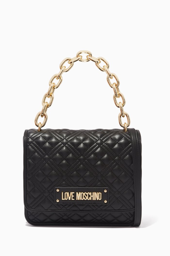 

Logo Chain Top Handle Bag in Quilted Faux Leather, Black