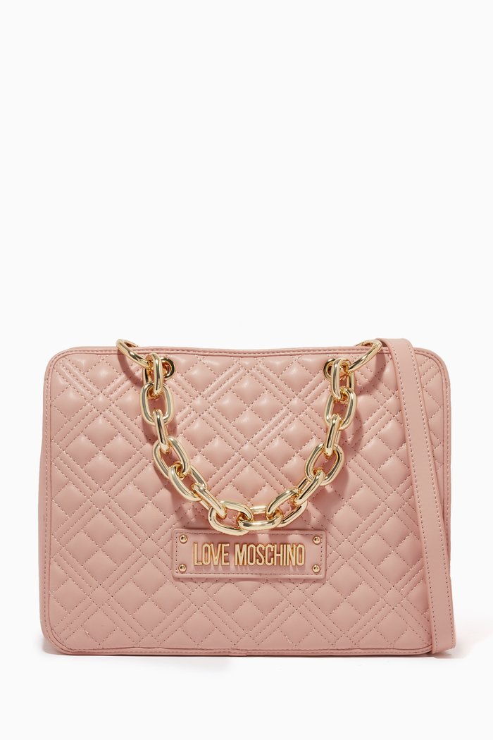 Quilted Medium Shoulder Bag in Faux Leather, Neutral