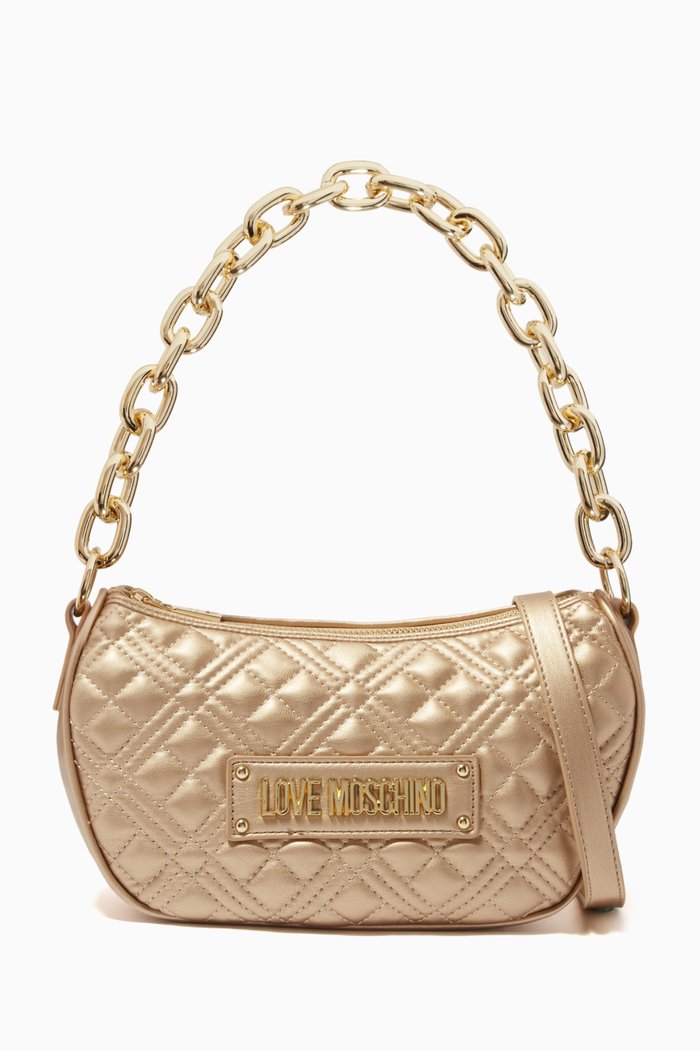 

Chain Top Handle Bag in Faux Leather, Gold