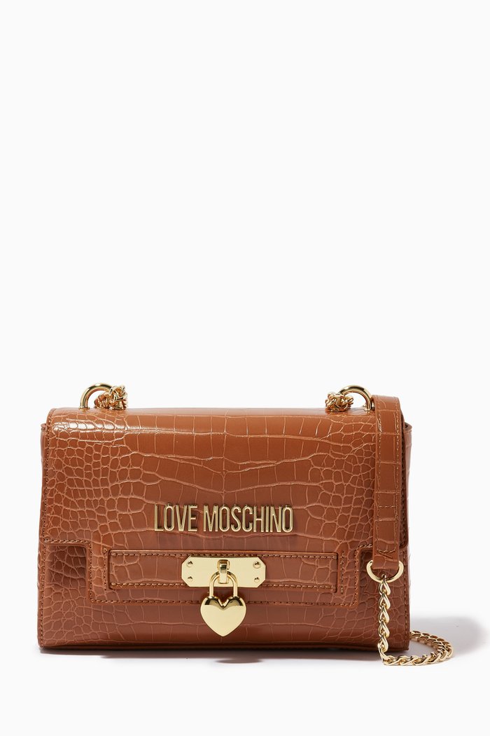

Medium Love Lock Shoulder Bag in Croc-embossed Faux Leather, Brown