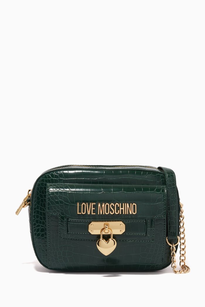 

Small Love Lock Camera Bag in Croc-embossed Faux Leather, Green