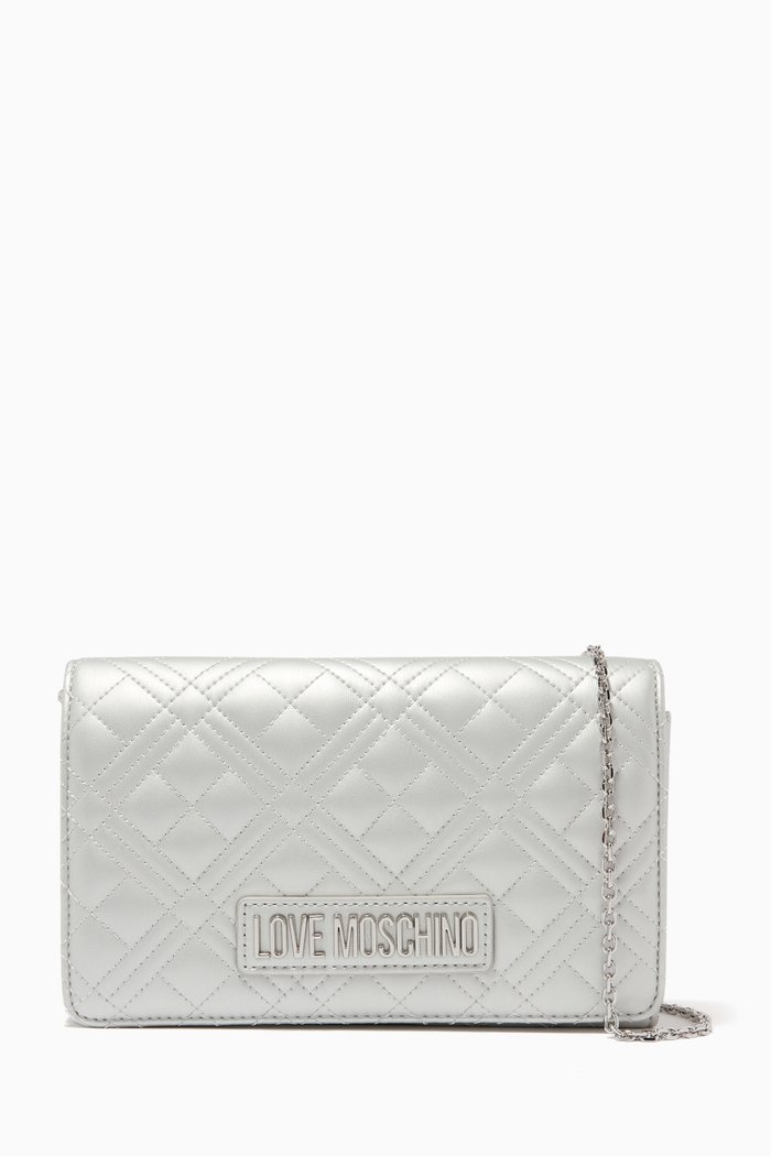 

Quilted Crossbody Bag in Faux Leather, Silver