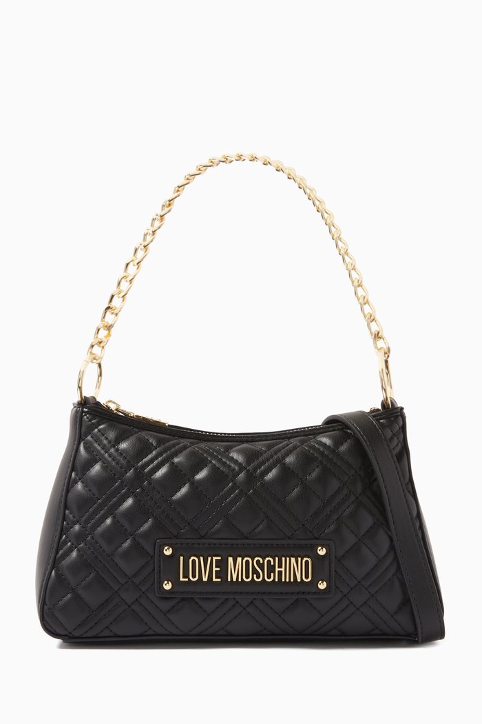 

Small Chain Shoulder Bag in Quilted Faux Leather, Black
