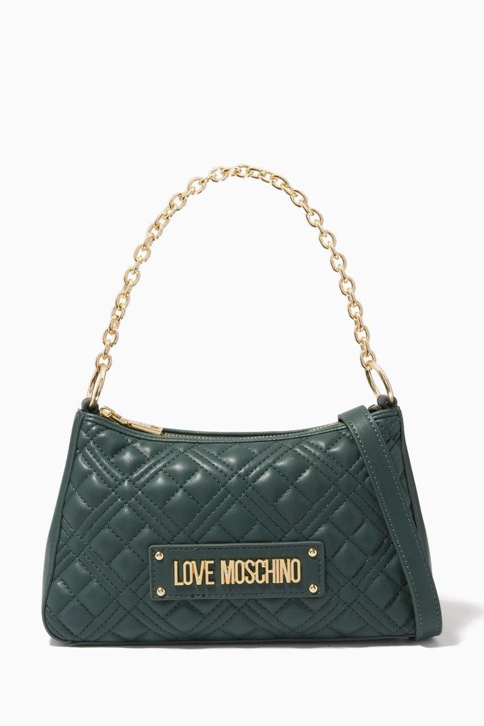 

Chain Shoulder Bag in Quilted Faux Leather, Green