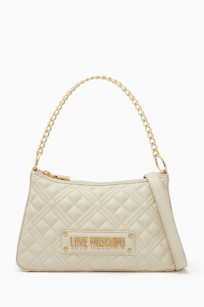 

Chain Shoulder Bag in Quilted Faux Leather, Grey