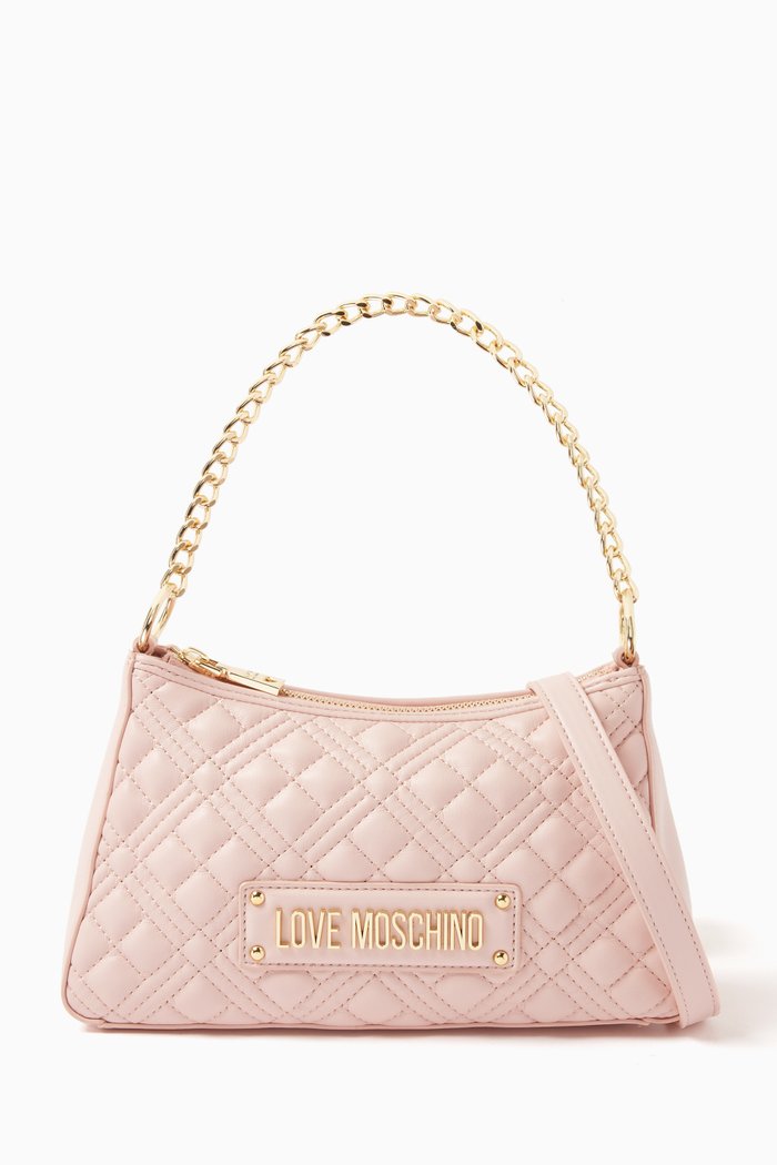 

Small Chain Shoulder Bag in Quilted Faux Leather, Pink
