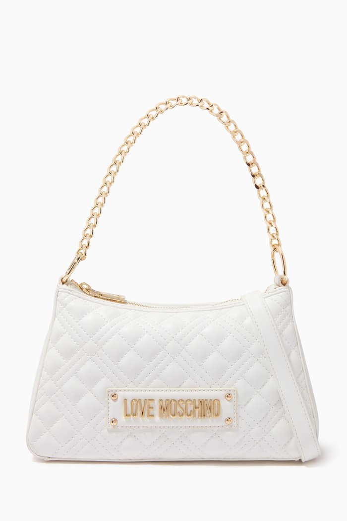 

Chain Shoulder Bag in Quilted Faux Leather, Neutral
