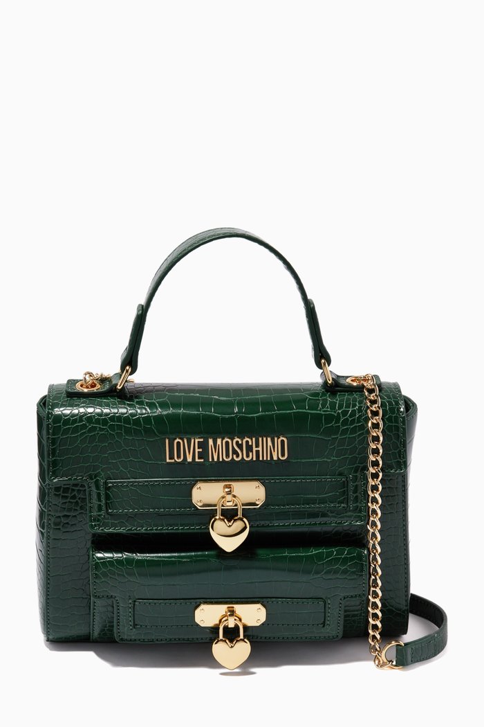 

Small Love Lock Top Handle Bag in Croc-embossed Faux Leather, Green