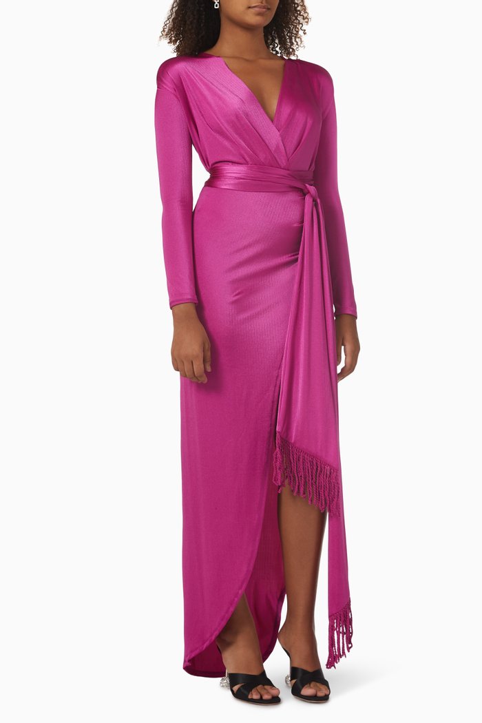 

Deep Neck High-slit Maxi Dress in Satin, Purple
