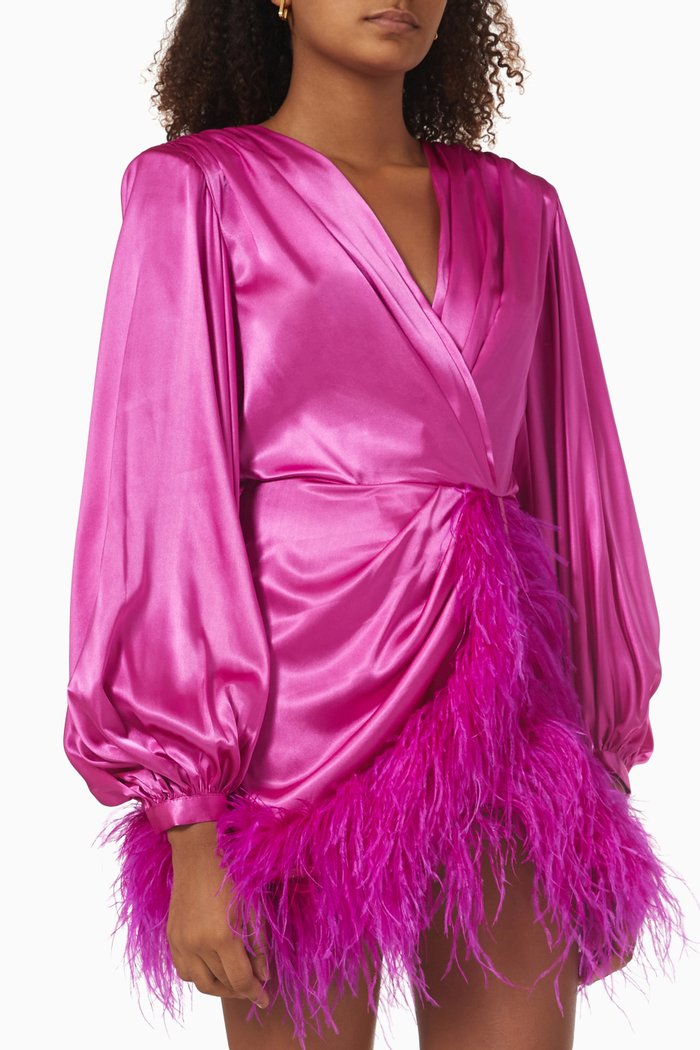 Farah Feather Mini Dress in Silk-blend, Pink