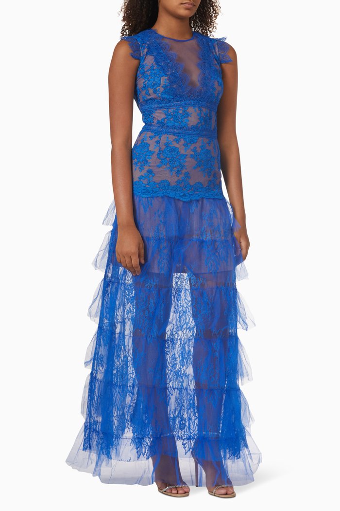 

Nina Maxi Dress in Lace & Mesh, Blue