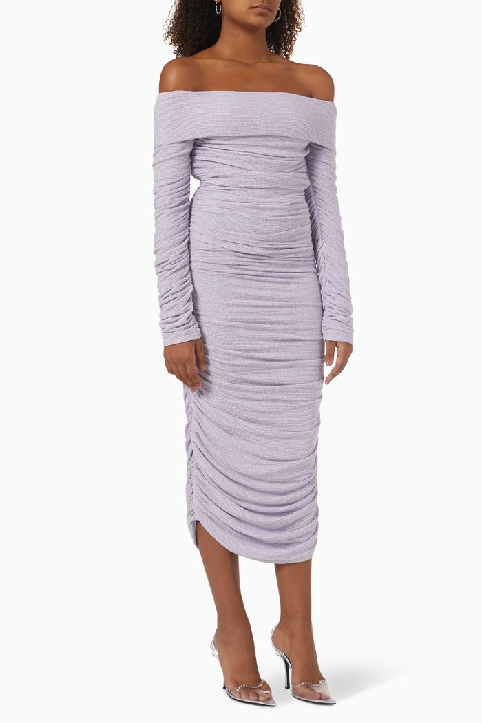 

Amara Ruched Midi Dress in Jersey Knit, Purple