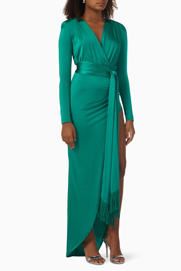 

Deep Neck High-slit Maxi Dress in Satin, Blue