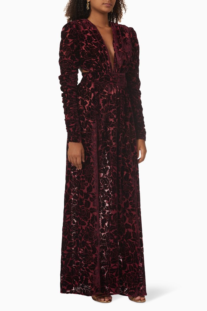 

V-neck Floral Devoré Maxi Dress in Velvet, Burgundy