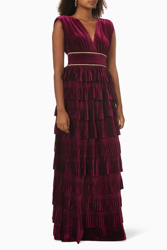 

Tiered Ruffle Embellished Maxi Gown in Velvet, Burgundy